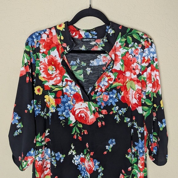 Heimish USA Floral Blouse Black with Red Blue‎ Green Print Size M Cottage Boho - Picture 2 of 6